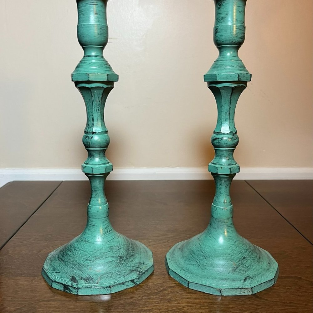 Turquoise Distressed Candlestick Holders - Set of 2